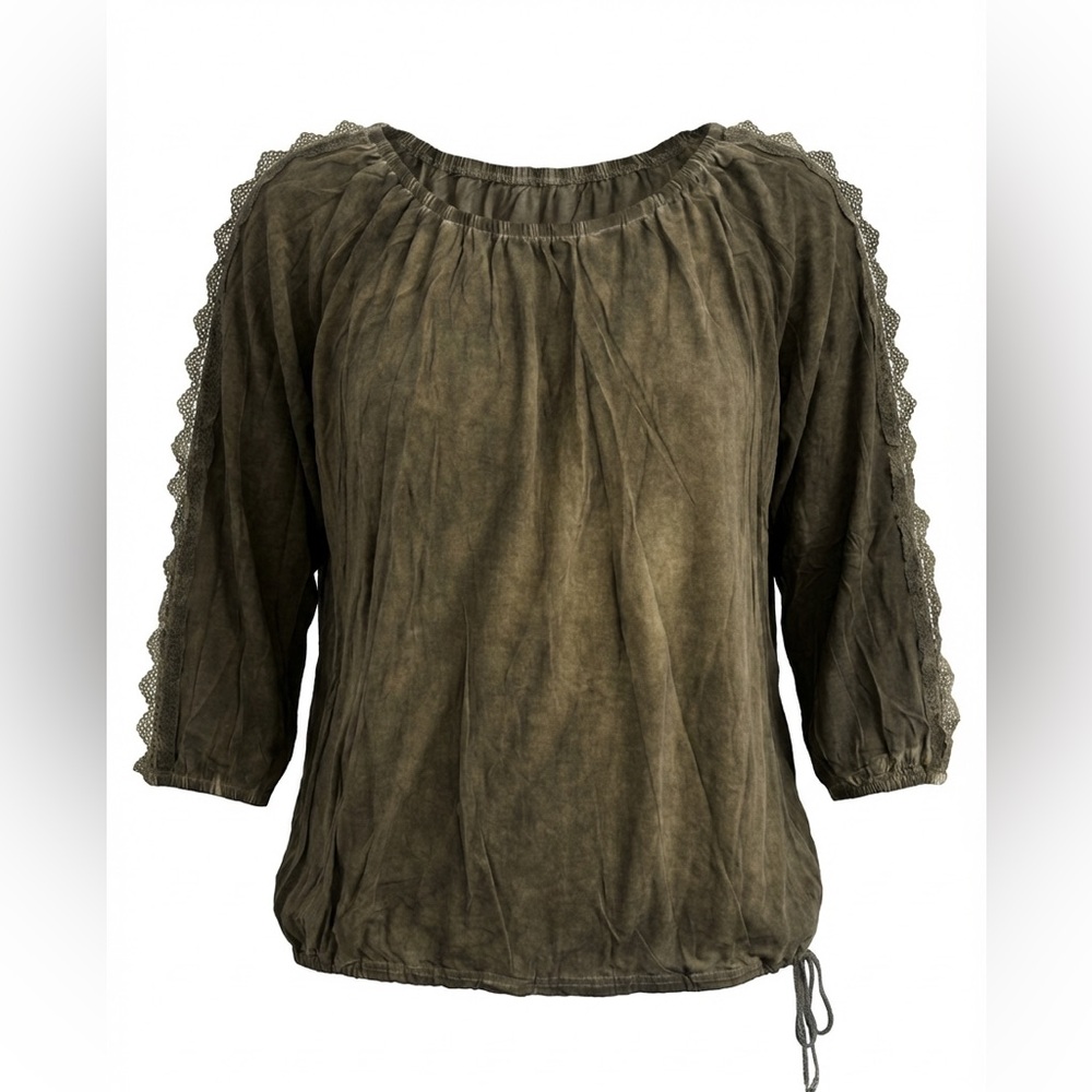 NEW POL Bronze Brown Blouse with Lace Trim and Drawstring Women’s Size Small